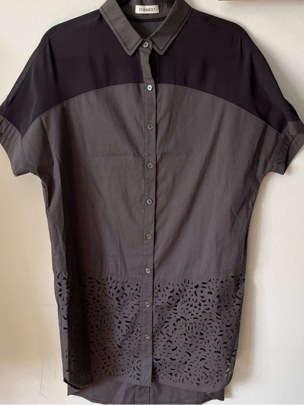 Oversized Minimalist Lagenlook Short Sleeve Women’s Button Up Laser Cut Shirt